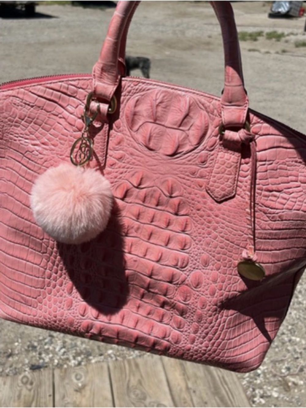 Brahmin Duxbury Pink Croc-Embossed Tote Bag with Pom Charm